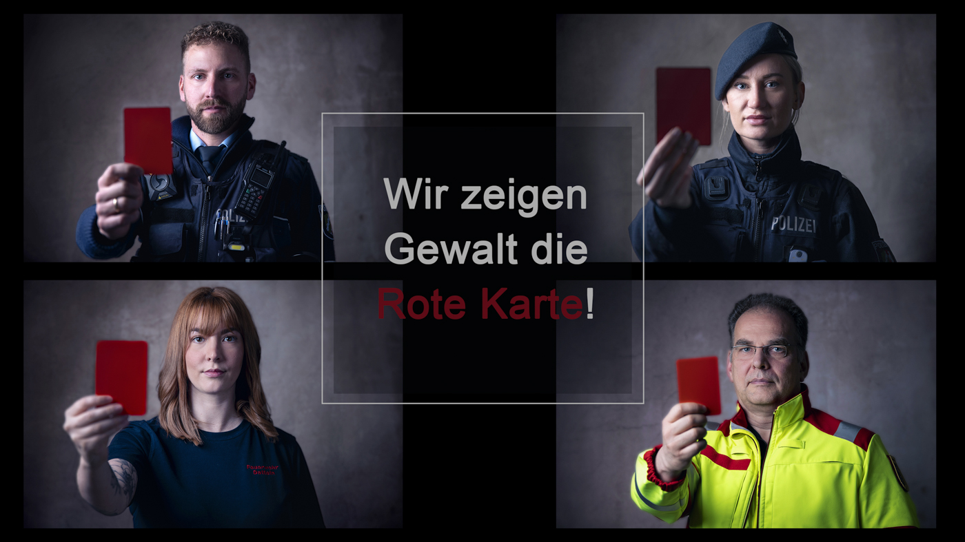 Kampagne "Wir zeigen Gewalt die Rote Karte". Eine Kampagne von Polizei, Feuerwehr und Rettungsdienst zur UEFA EURO 2024.